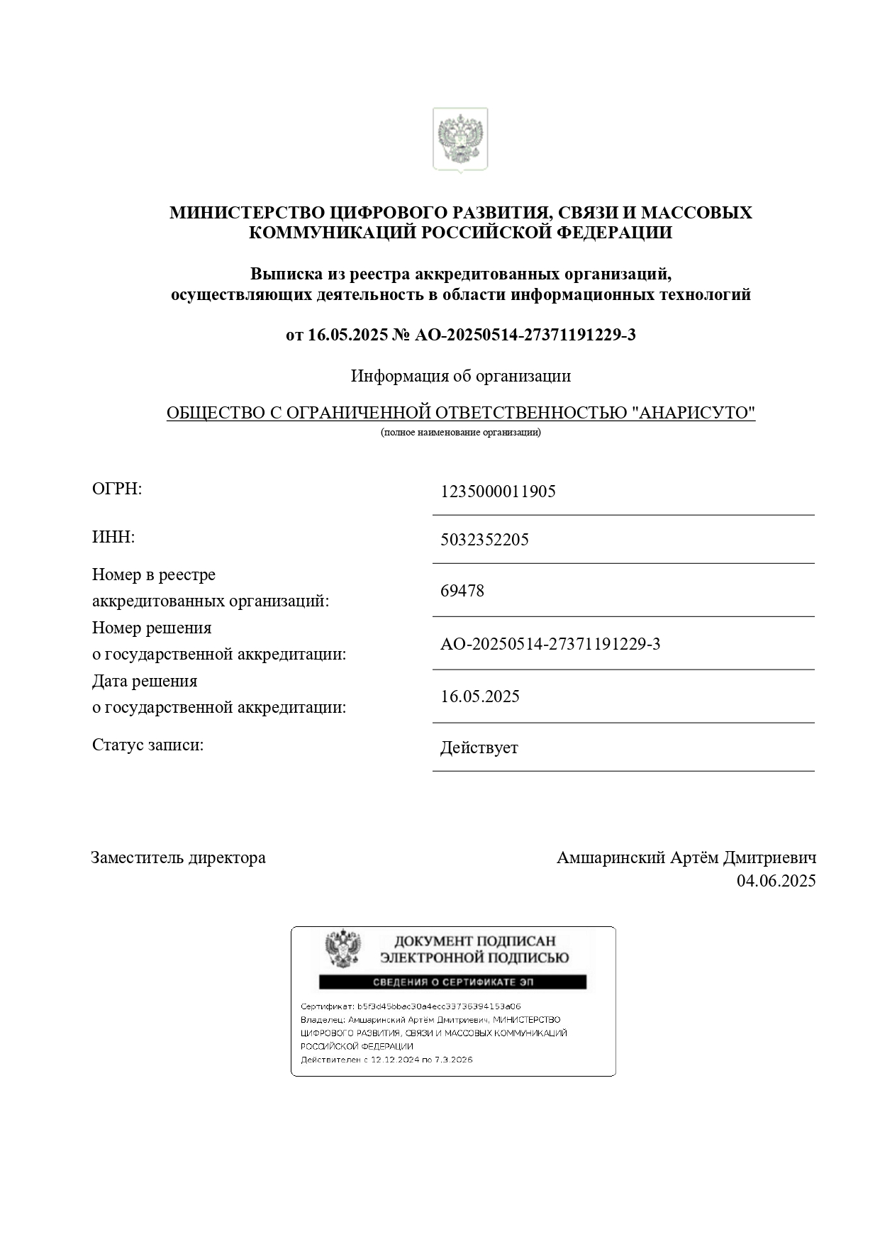 выписка об аккредитации